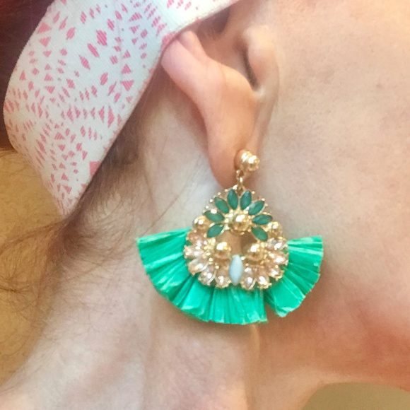 Tone Stone & Raffia Fan Drop Earrings - Picture 2 of 3